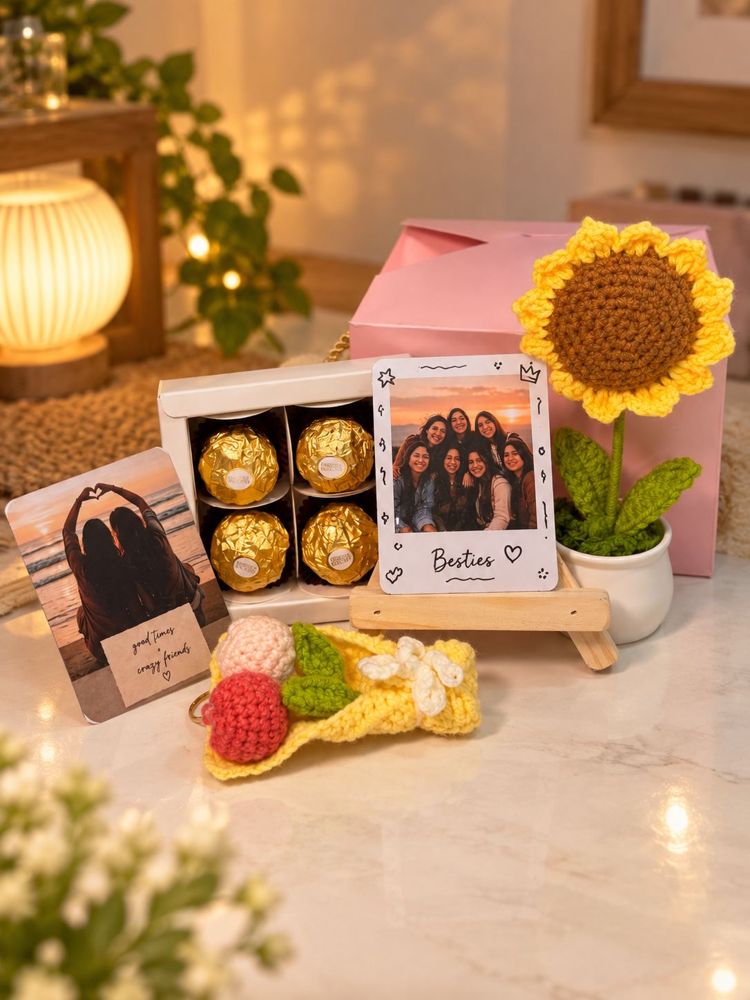 Besties Forever gift hamper with personalised photo polaroids and crochet pot magnet