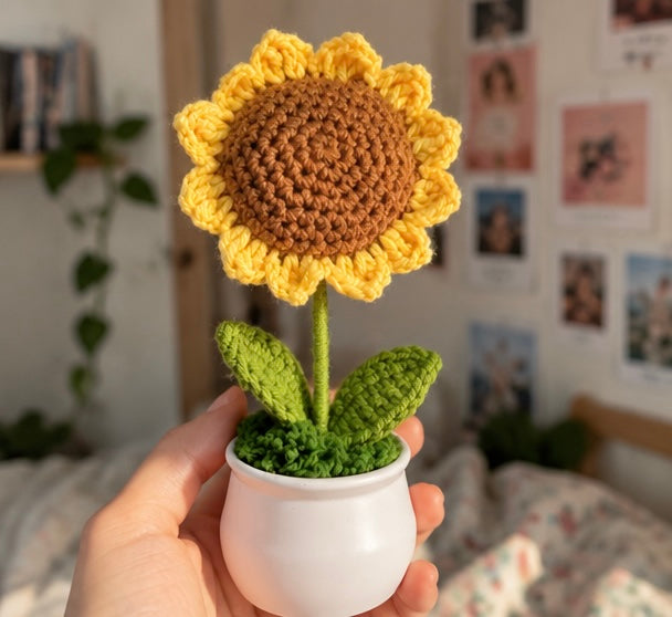Handmade crochet sunflower in a pot