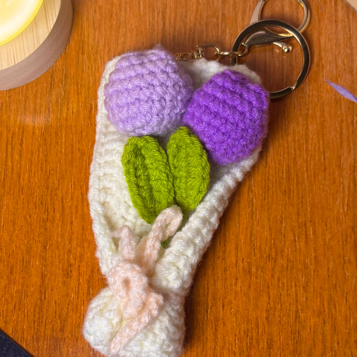 Crochet Tulip Bouquet Keychain – Handmade Wrapped Purple Tulips Bag Charm