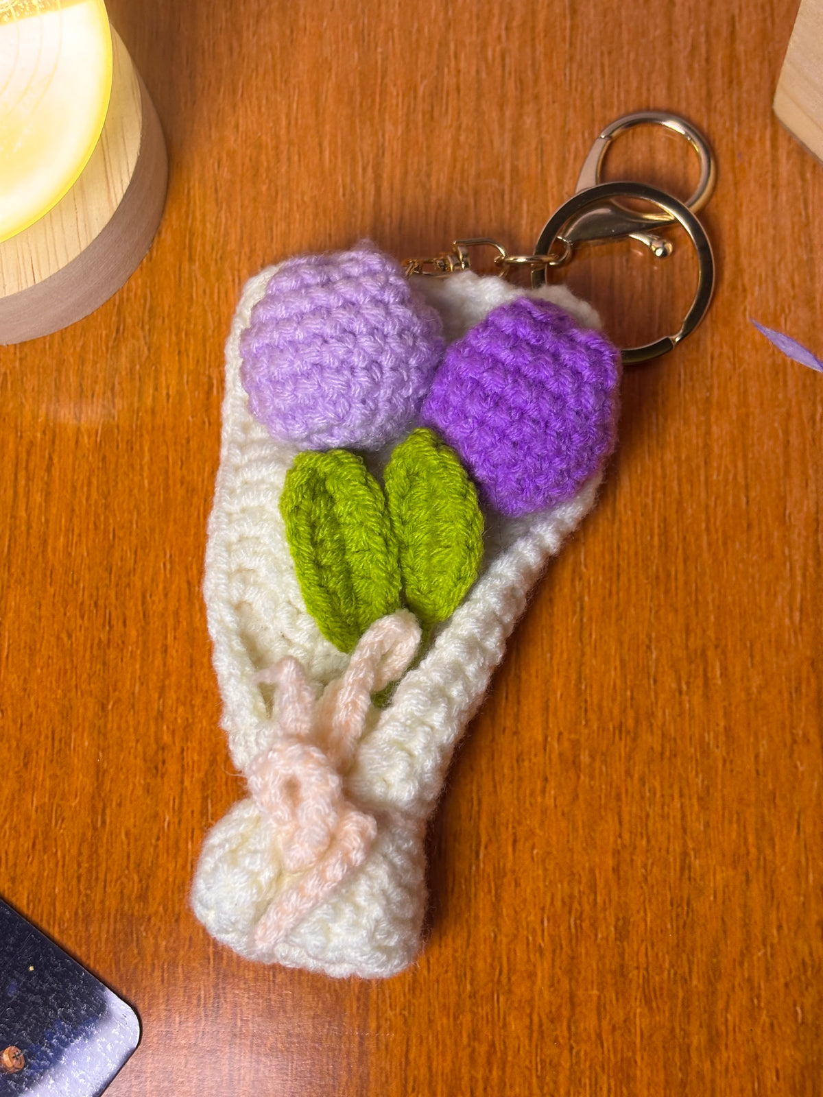 Crochet Tulip Bouquet Keychain – Handmade Wrapped Purple Tulips Bag Charm