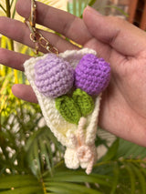 Crochet Tulip Bouquet Keychain – Handmade Wrapped Purple Tulips Bag Charm
