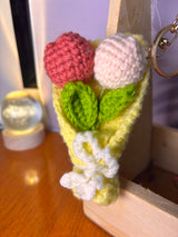 Crochet Tulip Bouquet Keychain – Handmade Pink & White Wrapped Flower Bag Charm