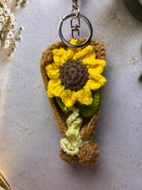 Crochet Sunflower Bouquet Keychain – Handmade Wrapped Flower Bag Charm