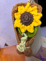Crochet Sunflower Bouquet Keychain – Handmade Wrapped Flower Bag Charm