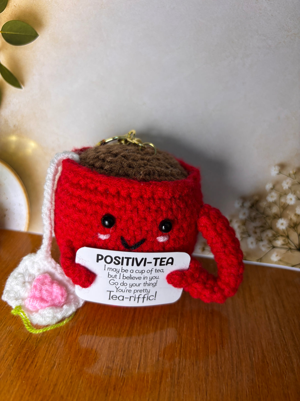 Crochet Tea Mug Keychain – Handmade Positivi-Tea Bag Charm