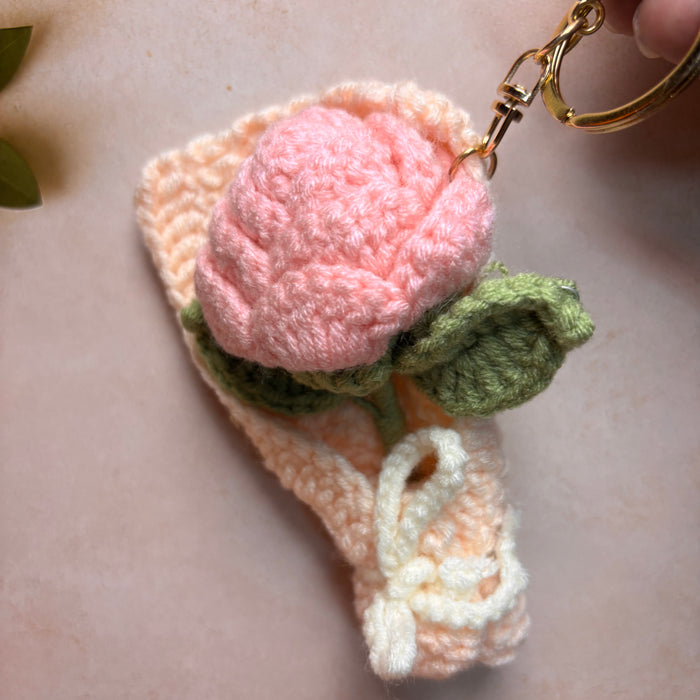 Crochet Pink Rose Bouquet Keychain – Handmade Wrapped Flower Bag Charm