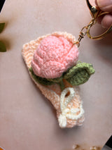Crochet Pink Rose Bouquet Keychain – Handmade Wrapped Flower Bag Charm