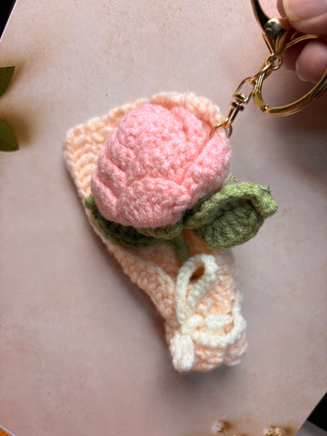 Crochet Pink Rose Bouquet Keychain – Handmade Wrapped Flower Bag Charm