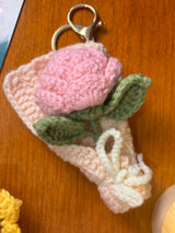 Crochet Pink Rose Bouquet Keychain – Handmade Wrapped Flower Bag Charm