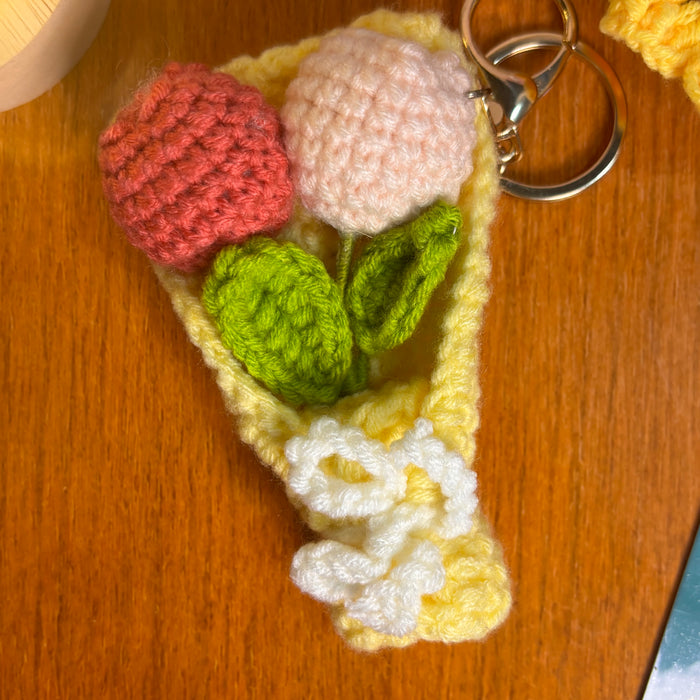 Crochet Tulip Bouquet Keychain – Handmade Pink & White Wrapped Flower Bag Charm