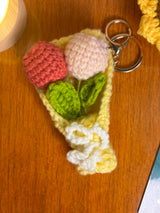 Crochet Tulip Bouquet Keychain – Handmade Pink & White Wrapped Flower Bag Charm