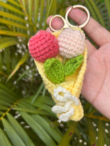 Crochet Tulip Bouquet Keychain – Handmade Pink & White Wrapped Flower Bag Charm