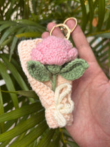 Crochet Pink Rose Bouquet Keychain – Handmade Wrapped Flower Bag Charm